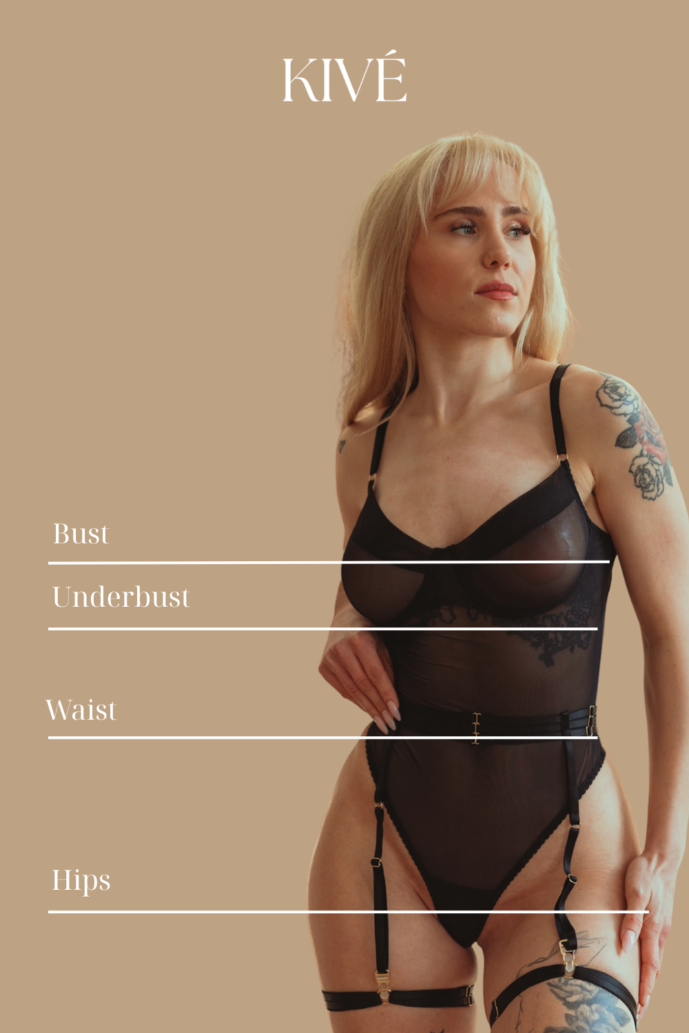 Measurement guide showing where to measure bust, underbust, waist, and hips